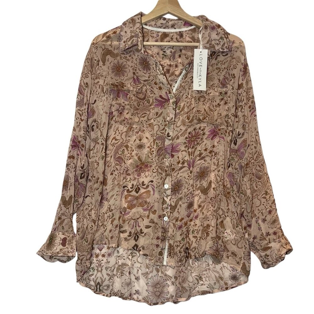 Love Kyla Anthropologie Top Blouse Small Size Floral Semi Sheer Butterfly Hen